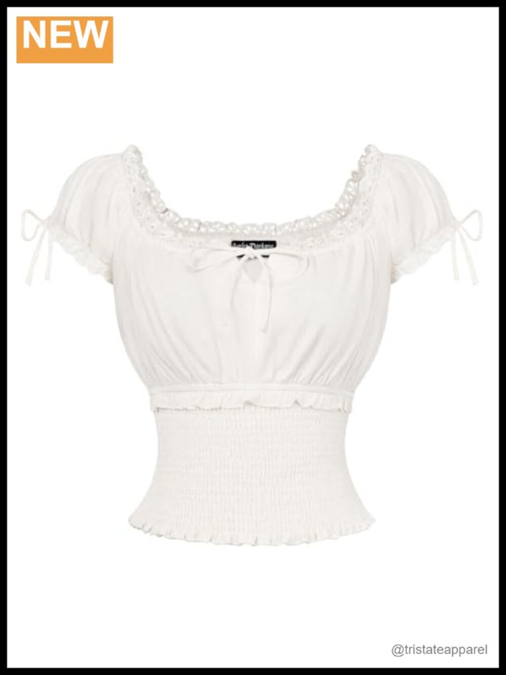 Cotton Smocked Peasant Blouse Short Sleeve Square Neck Ruffle Renaissance Top